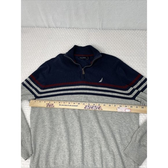 Nautica Men's  Large 1/4 Zip Knit Sweatshirt Gray Navy Stripe Logo - Picture 4 of 6